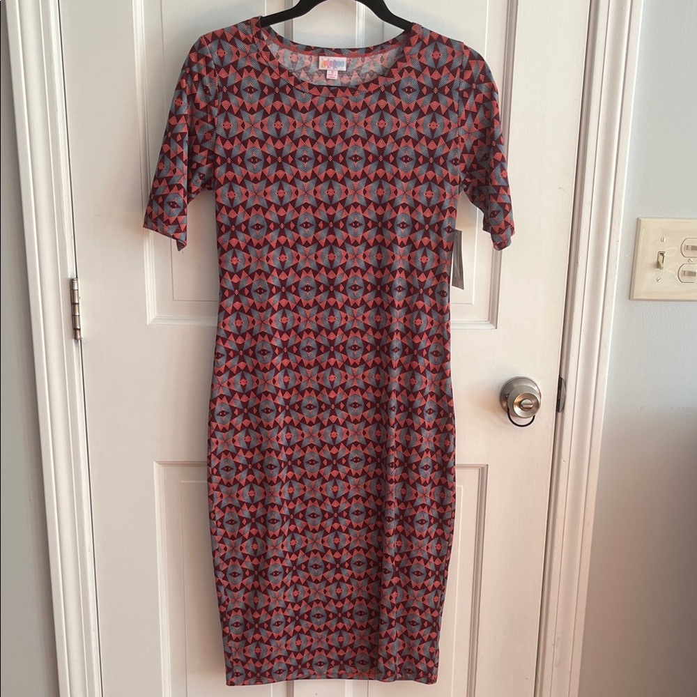 LuLaRoe Red and Gray Patterned Midi Dress